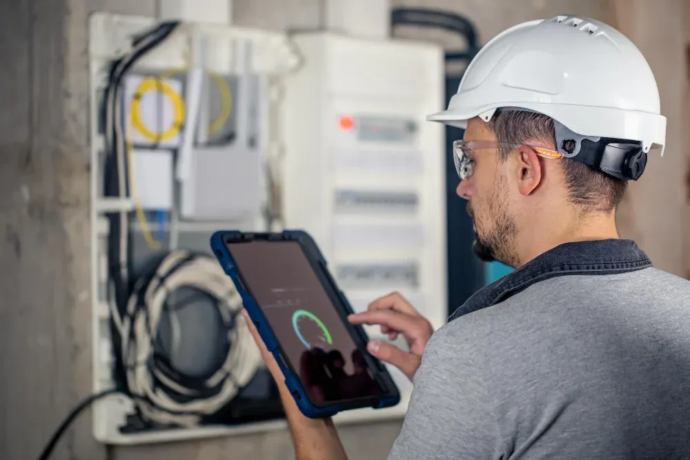 Elektriker mit Schutzhelm führt eine Prüfung einer ortsfesten elektrischen Anlage durch und verwendet dabei ein Tablet zur Dokumentation.